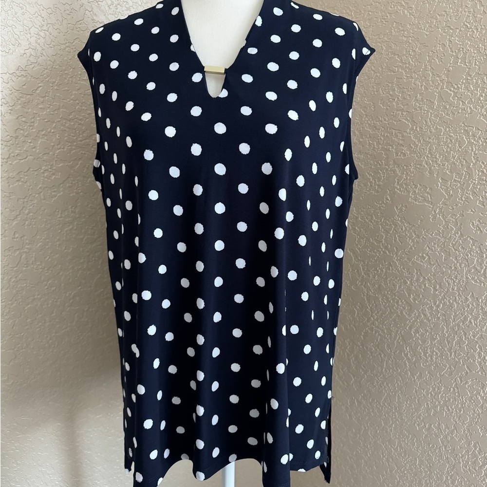 Anne Klein Blouse Women's Size Large Navy/White Polka Dot V-Neck Sleeveless
